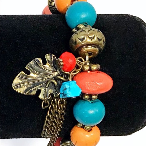 Colorful Stretch Bracelet Wood Acylic Brass Beads Peach Turquoise Coral Colors - Picture 2 of 4